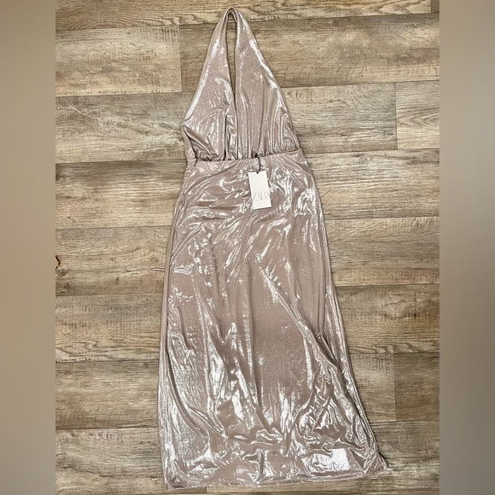 ZARA Metallic Halter Maxi Dress NWT Silver Ruched Formal Wedding Guest L - Picture 16 of 16
